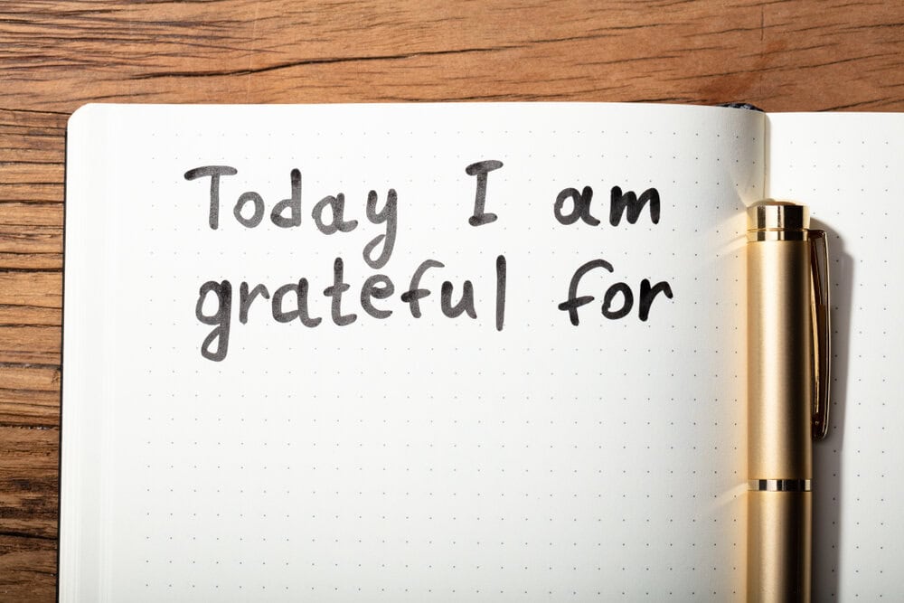 a piece of paper with the words "Today I am grateful for," practicing gratitude vs. self pity in recovery can bring perspective in life and prevent relapse