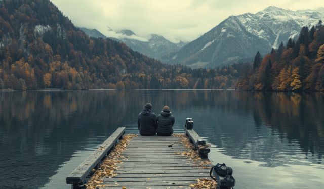 medium ai generated two people sitting on a dock looking out over lake