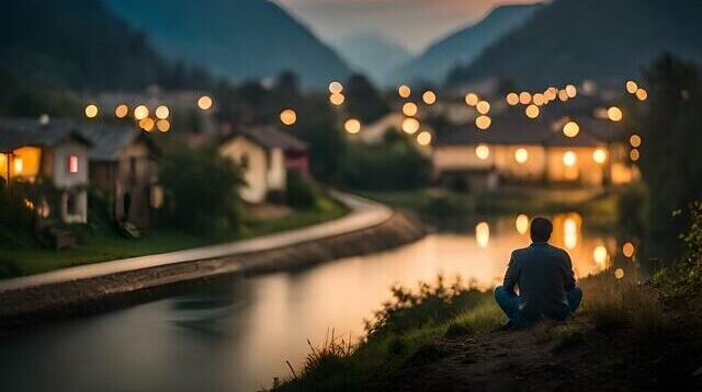 small a man sitting on the edge of a river at dusk ai generated e1746641636613