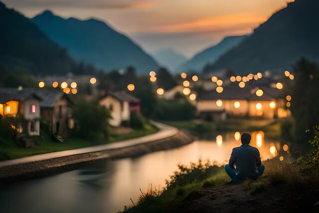 small a man sitting on the edge of a river at dusk ai generated
